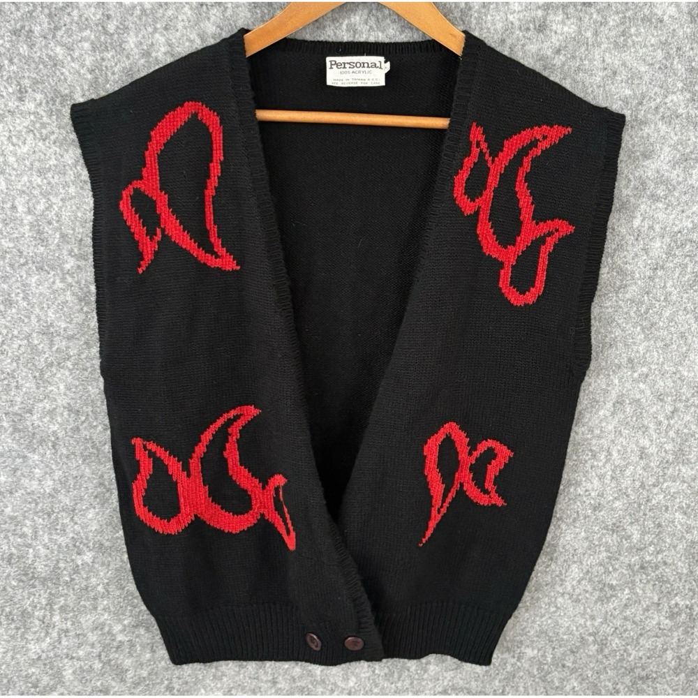 VTG Y2K Abstract Red Flame Cardigan Sweater Vest Womens L Ribbed Cuff Hem Punk